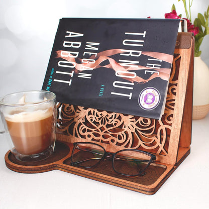 Book Nook Reading Valet Stand with Coffee Cup Mug Glasses Cell Phone Holder, Wood Triangle Book Rest and Page Saver for Bedside Nightstand, Gift Idea for Book Lovers, Handmade Wooden Book Accessories