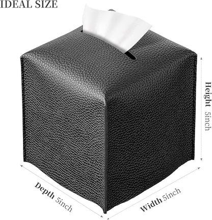 REGELETO Square Tissue Box Cover, Pu Leather Tissue Box Holder with Bottom Belt Modern Stylish Tissue Box Organizer for Bathroom, Bedroom, Hotel, Office Desk 5"X5"X5" (Black)