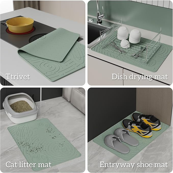 OHMO Dog Food Mat, Silicone Waterproof Cat Food Mat, Non-Skid Spill Proof Pet Feeding Mat for Food and Water, Easy to Clean Dog Placemat(Sage Green, 23.6" x 15.8")