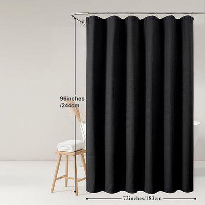 OWENIE Black Shower Curtain 96 Inch Extra Long, Waffle Weave Textured Fabric Bathroom Curtains, Water Repellent Thick Soft Hotel Spa Luxury Elegant Bath Curtain, Machine Washable, Black, 72x96 Inch