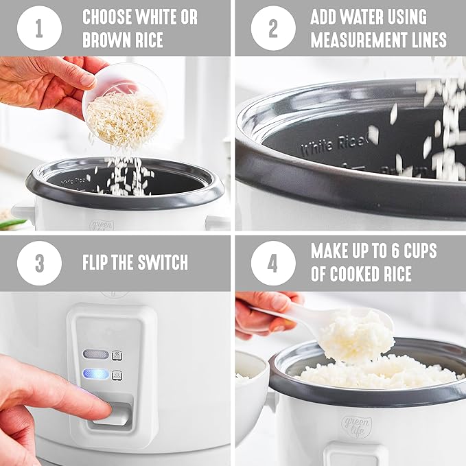 GreenLife Rice Cooker with Removable PFAS-Free Ceramic Nonstick Pot, 3-Cups
