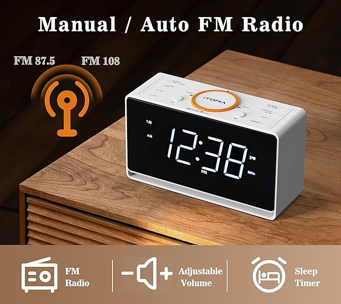iTOMA Alarm Clock Radio, 1.4" White LED Display Clock