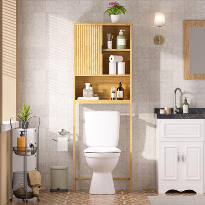 BlueWish Over The Toilet Storage Cabinet, Bamboo Over Toilet Storages with Fluted Door, Over The Toilet Cabinet Bathroom Organizer, Bathroom Shelf Over The Toilet, Storage Rack, Natural