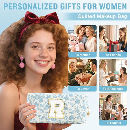 Personalized Quilted Cosmetic Bag, Puffy Monogrammed Christmas Birthday Gifts for Women & Girls, Cute initial Floral Makeup Bag Puffer Coquette Bag, Aesthetic Travel Toiletry Zipper Pouch(Blue,R)