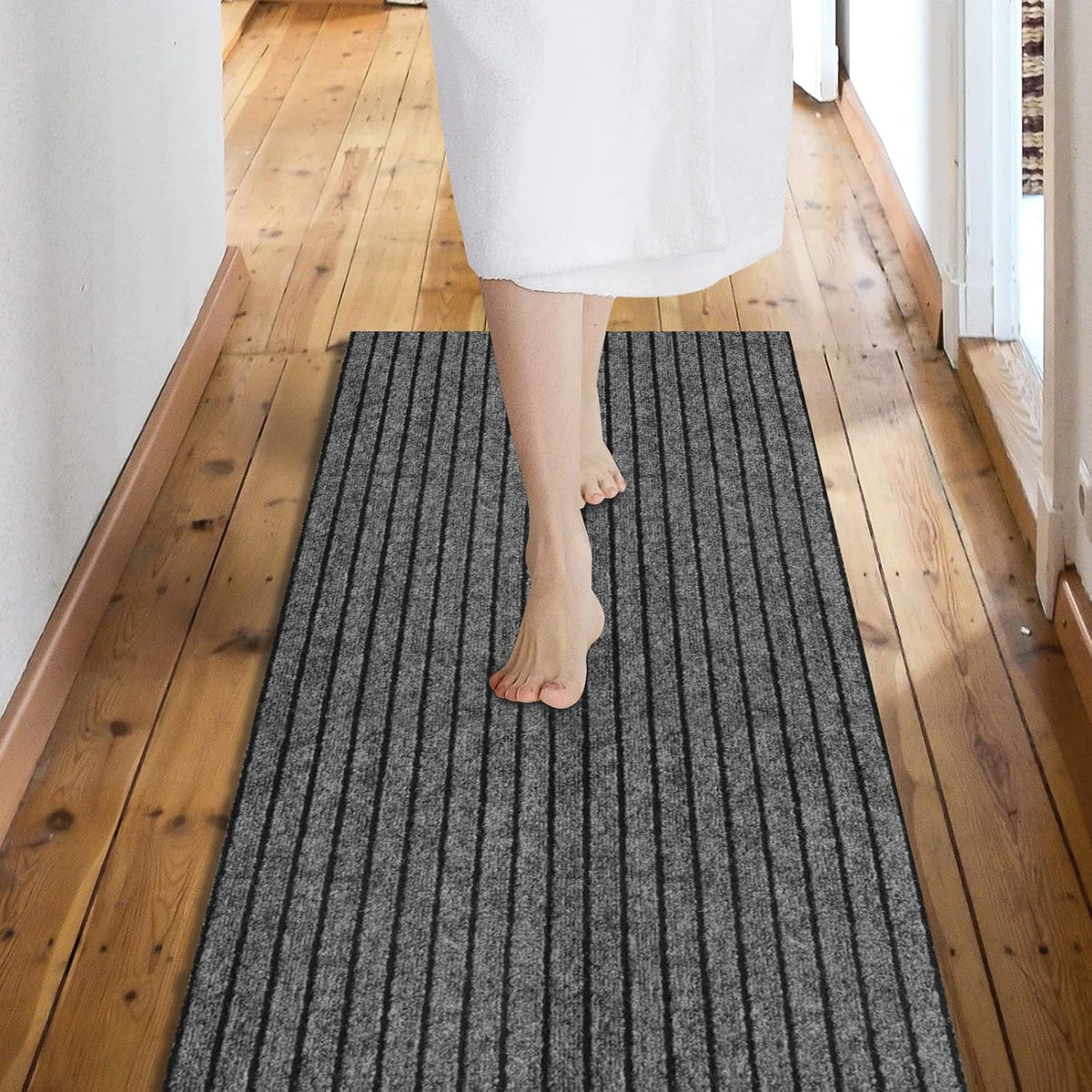 Custom Size Backed Non-Slip Area Rugs Runner, Easy Clean, Waterproof Runner Rugs for Hallway Entryway, Kitchen, Laundry, 4FT x 64FT, Gray Stripe