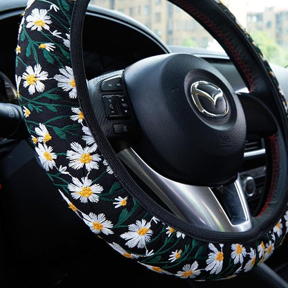 Embroidered Flowers Black Cute Daisy Steering Wheel Cover Auto Anti-Slip Breathable Steering Wheel Protector,Floral Car Accessories for Women,Universal Size Fit Most Cars -15 inch