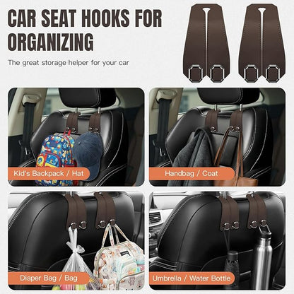 2PCS Car Hooks for Headrest, Faux Leather Purse Hook for Car Seat Back Organizers and Storage, Double Metal Purse Holder Bag Hanger, Universal Car Interior Accessories for Women Man