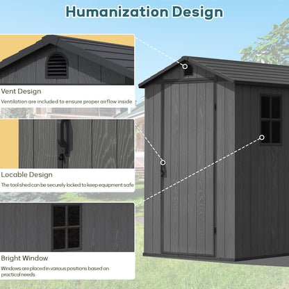 Greesum 4×6FT Plastic Outdoor Storage Shed with Floor, Resin Storaged Sheds with Lockable Door, Window & Vent, All-Weather Tool Sheds for Garden, Backyard, Patio, Dark Gray (One-Piece Panel)