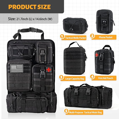 MAIKER Tactical Car Seat Back Organizer, Upgrade Tactical Vehicle Panel Organizer with 5 Detachable Molle Pouch, Universal fits for Most of Vehicle Black