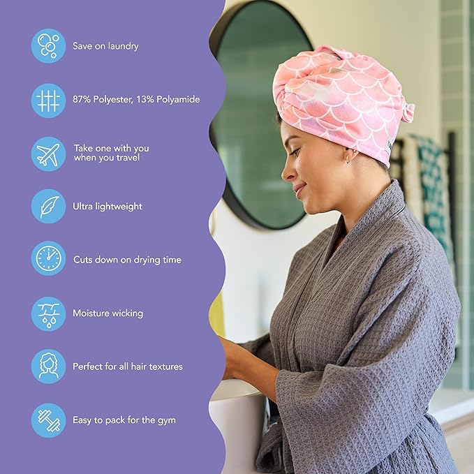 Turbie Twist 2-Pack Microfiber Hair Towel for Beauty, Travel, Gifting - Hair Wrap Turban for Straight, Wavy & Curly Hair - Premium Personal Care - Mermaid