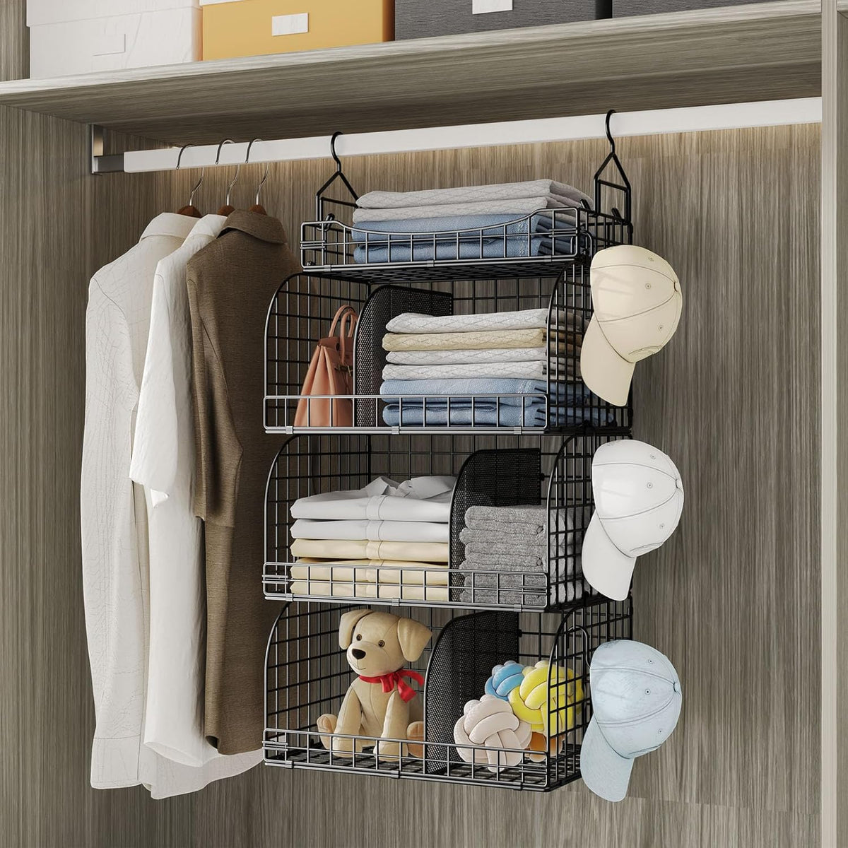 HapiRm Hanging Closet Organizer Storage - 4 Tier Metal Stackable Hanging Closet Shelves with Dividers and S Hooks, Foldable Clothes Shelves for Clothes, Pants, Shoes, Coat, Hats Clutches Accessories