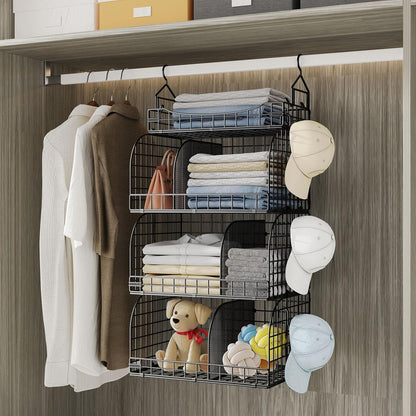 HapiRm Hanging Closet Organizer Storage - 4 Tier Metal Stackable Hanging Closet Shelves with Dividers and S Hooks, Foldable Clothes Shelves for Clothes, Pants, Shoes, Coat, Hats Clutches Accessories