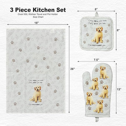 Goldendoodle 3-Piece Kitchen Set - Oven Mitt, Pot Holder & Kitchen Towel Set, Heat Resistant up to 420 F, Soft Quilted Cotton for Cooking, Baking, BBQ, Pet Lover Gifts (Goldendoodle)