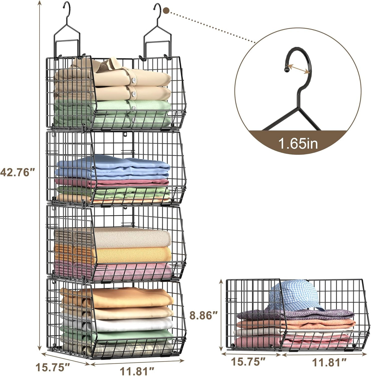4" Extra Deeper Hanging Closet Organizers and Storage,4 Tier Foldable Wire Cabinet Shelves with 5 S Hooks,Small Metal Basket Bins for Clothes Sweaters Handbags, Wardrobe for Kitchen Laundry Room，Black
