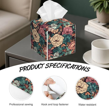 Romantic Big Flower Tissue Box Cover Square,Tissue Box Holder with Belt Bottom,Stylish Leather Napkin Holder for Vanity Countertop,Nightstands,Office Desk,5.2"×5.2"×5.2"