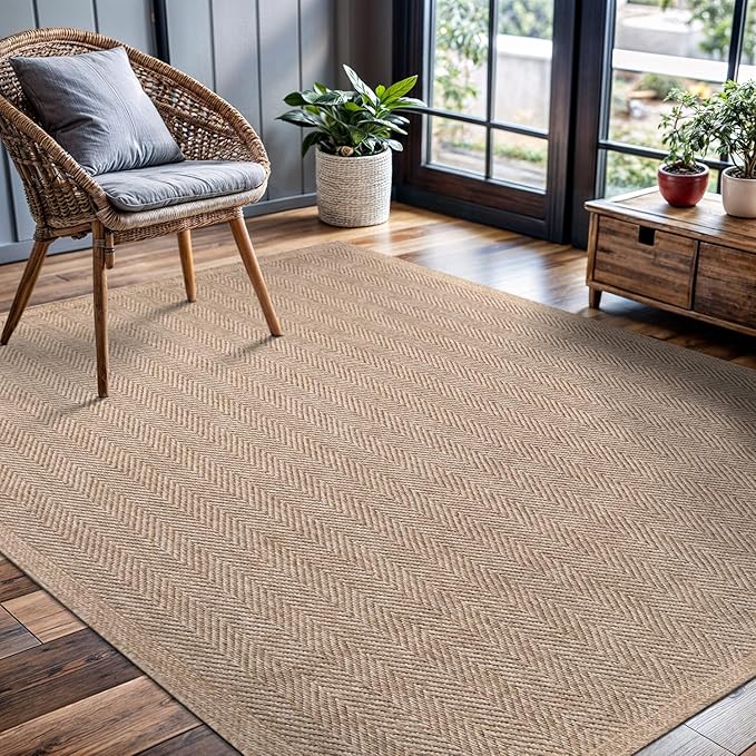 CAMILSON Easy Jute Rug 6x9, Indoor Outdoor Natural Color Fiber Area Rugs for Living Room Patio and Bedroom Rug Herringbone Seagrass Woven Design Easy-Cleaning, Washable Outside Carpet Alfombras 6 x 9