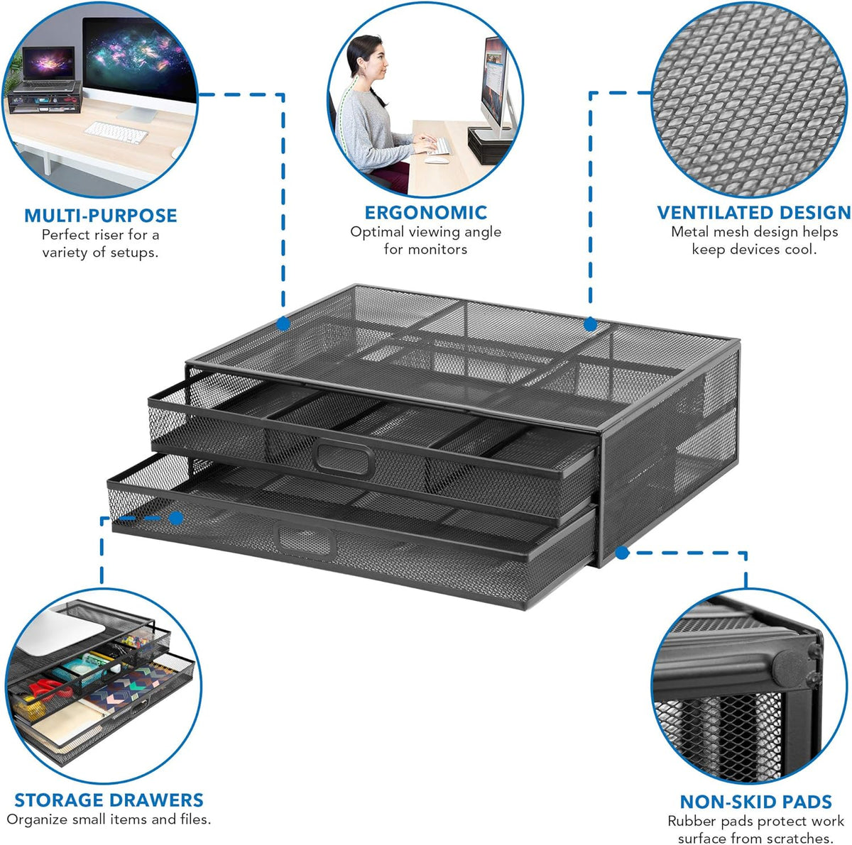 MOUNT-IT! Computer Monitor Stand With Drawers, Metal Mesh Riser and Organizer for Laptops and Computer Screens, Laptop, and Printer Accessories and Office Supplies (Black)