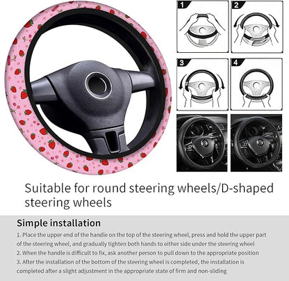 Car Steering Wheel Cover, Universal 15 Inch Neoprene Non-Slip Steering Wheel Covers, Funny Car Accessories for Women Men Fit Auto, Suvs, Truck Cute Pink Cherry Strawberry