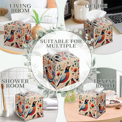 Scandinavian Tissue Box Holder, Floral Bird Leather Tissue Box Cover Square, Paper Napkins Everyday Dispenser for Bathroom Vanity Countertop Night Stands Kitchen Office Car Home Decor