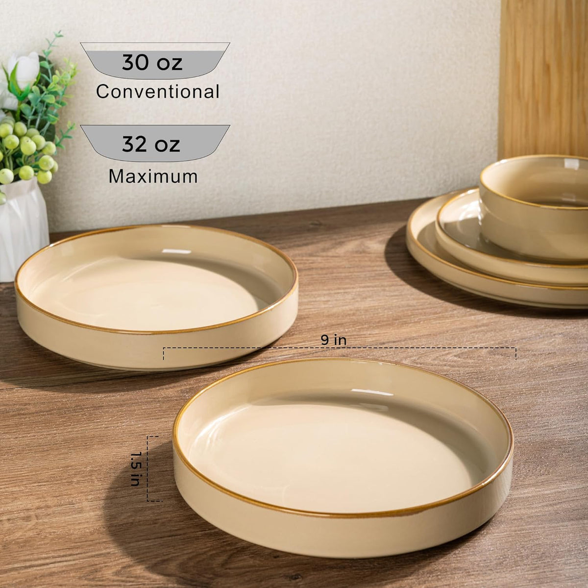 GBHOME 9'' Large Ceramic Pasta Bowls, 32oz Stoneware Pasta Serving Bowls Set of 4 for Kitchen, Wide Bowls for Fruit,Pasta,Salad,Oatmeal,Meal, Microwave Safe, Reactive Glaze-Warm Sand