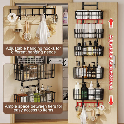 Adjustable Over The Door Organizer, Metal Hanging Door Organizer with 5 Wire Basket 7 Hooks, Wall Mounted Shelf for Pantry Laundry Organization and Storage, Black