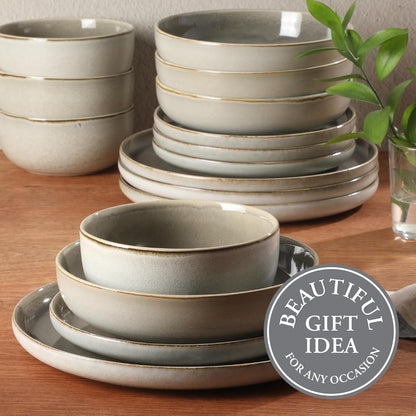 Gibson Elite Sunveil 16 Piece (Service for 4) Plates and Bowls Reactive Glaze Round Dishes Stoneware Ceramic Dinnerware Set -Taupe