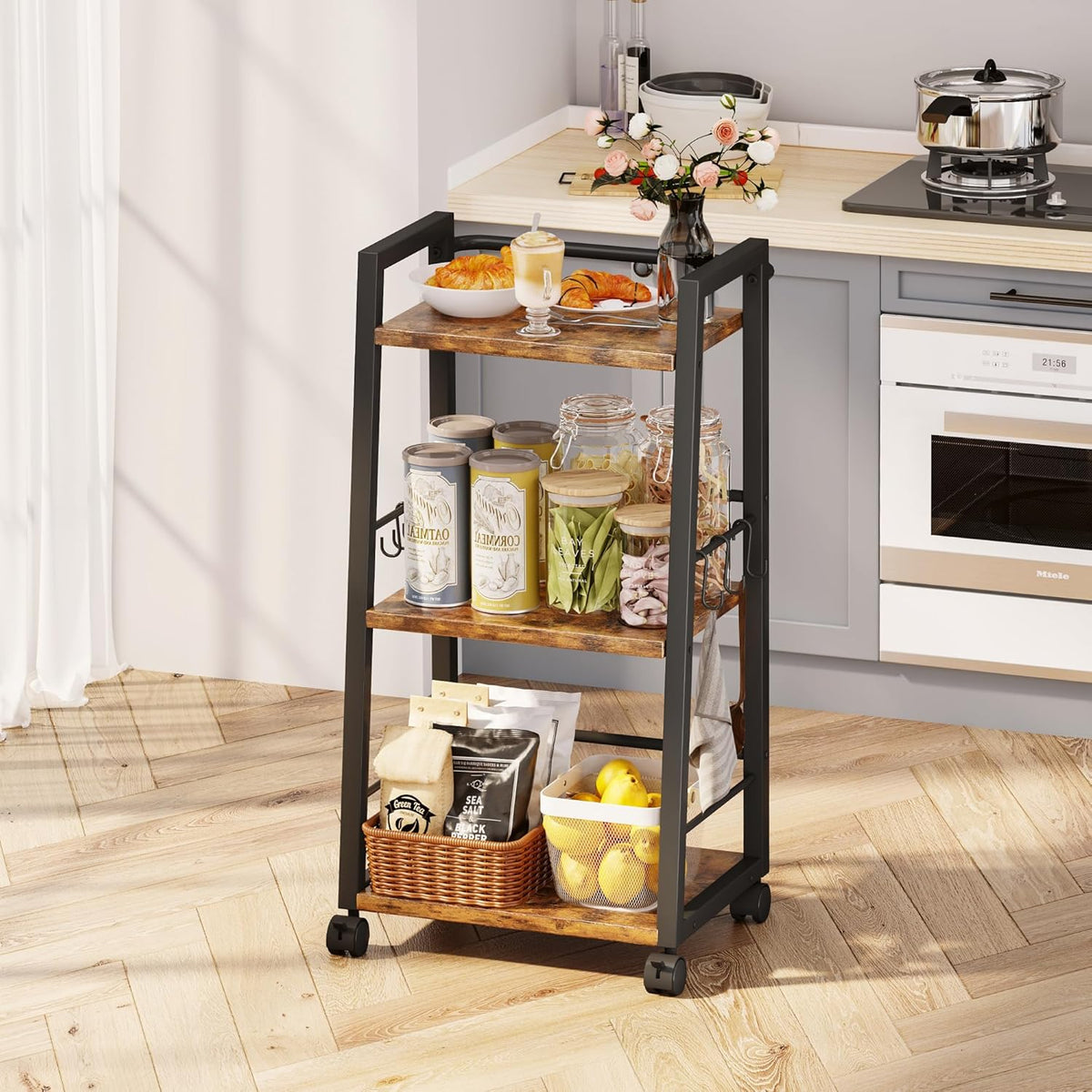3 Tier Kitchen Storage Cart with Lockable Wheels & 6 Hooks, Mobile Utility Organizer Rolling Cart for Small Spaces, Bar Cart for Kitchen and Living Room, Rustic Brown
