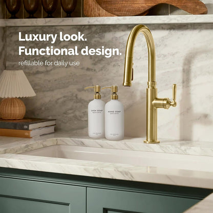 Vine Creations White Glass Soap Dispenser Set, Dish Soap and Hand Soap Dispenser Set with Stainless Steel Pump, 16 oz Glass Dispensers for Kitchen or Bathroom Decor (Matte White Bottle/Brushed Brass)