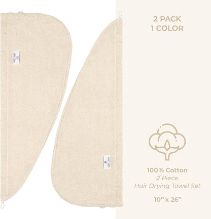 American Soft Linen 100% Cotton Hair Towels for Women, Head Towel Cap, Cotton Hair Turban Towel Wrap for Long Curly Anti Frizz Hair, Soft and Absorbent Cotton Hair Towels 2 Pack, Beige