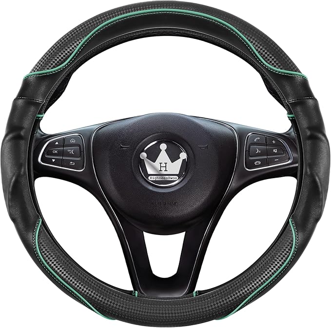 3D Car Steering Wheel Cover Comfort Grip Massage Sporty Anti-Slip Carbon Fiber Faux Leather for Sedan SUV, Universal Fit, Car Handle Covers for All Seasons, 14.75-15.15in, Green