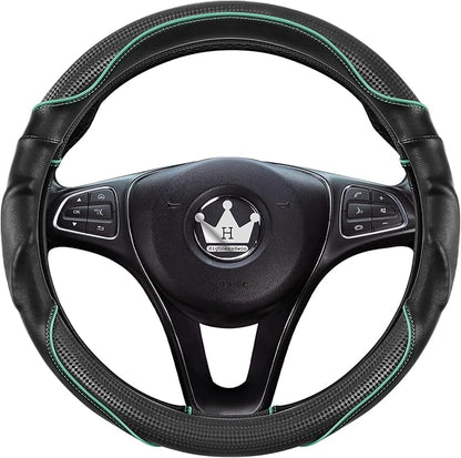 3D Car Steering Wheel Cover Comfort Grip Massage Sporty Anti-Slip Carbon Fiber Faux Leather for Sedan SUV, Universal Fit, Car Handle Covers for All Seasons, 14.75-15.15in, Green