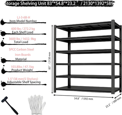 Storage Shelving Unit Adjustable Heavy Duty Garage Shelves 6-Tier Metal Organizer Utility Rack for Kitchen Pantry Basement Pantry Warehouse Laundry Black 83" H x 54.8" W x 23.2" D 3600LBS