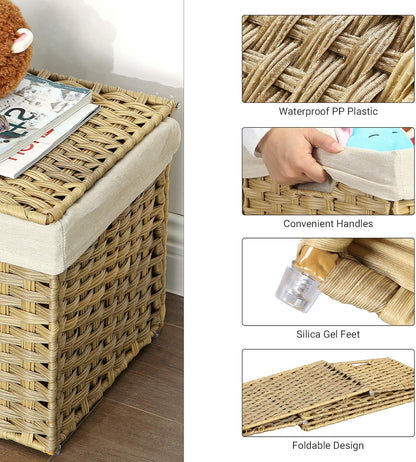 SONGMICS Storage Basket with Lid, Woven Blanket Storage Bin with Handles, Foldable, Removable Liner, Metal Frame, for Bedroom, Laundry Room, 42.3 Gallons (160 L), Natural URST76NL