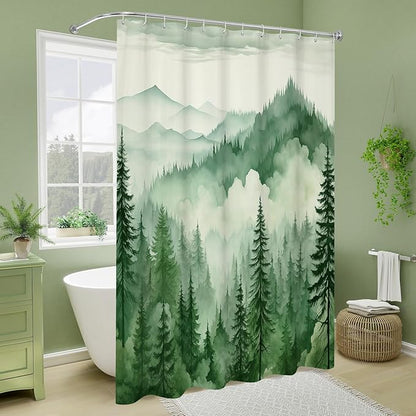 Litabel Green Long Misty Pine Forest Shower Curtain 72 x 78, Mountain Foggy Woodland Scenery Tree 78 Inch Long Shower Curtains for Bathroom, Abstract Waterproof Nature-Themed Decor