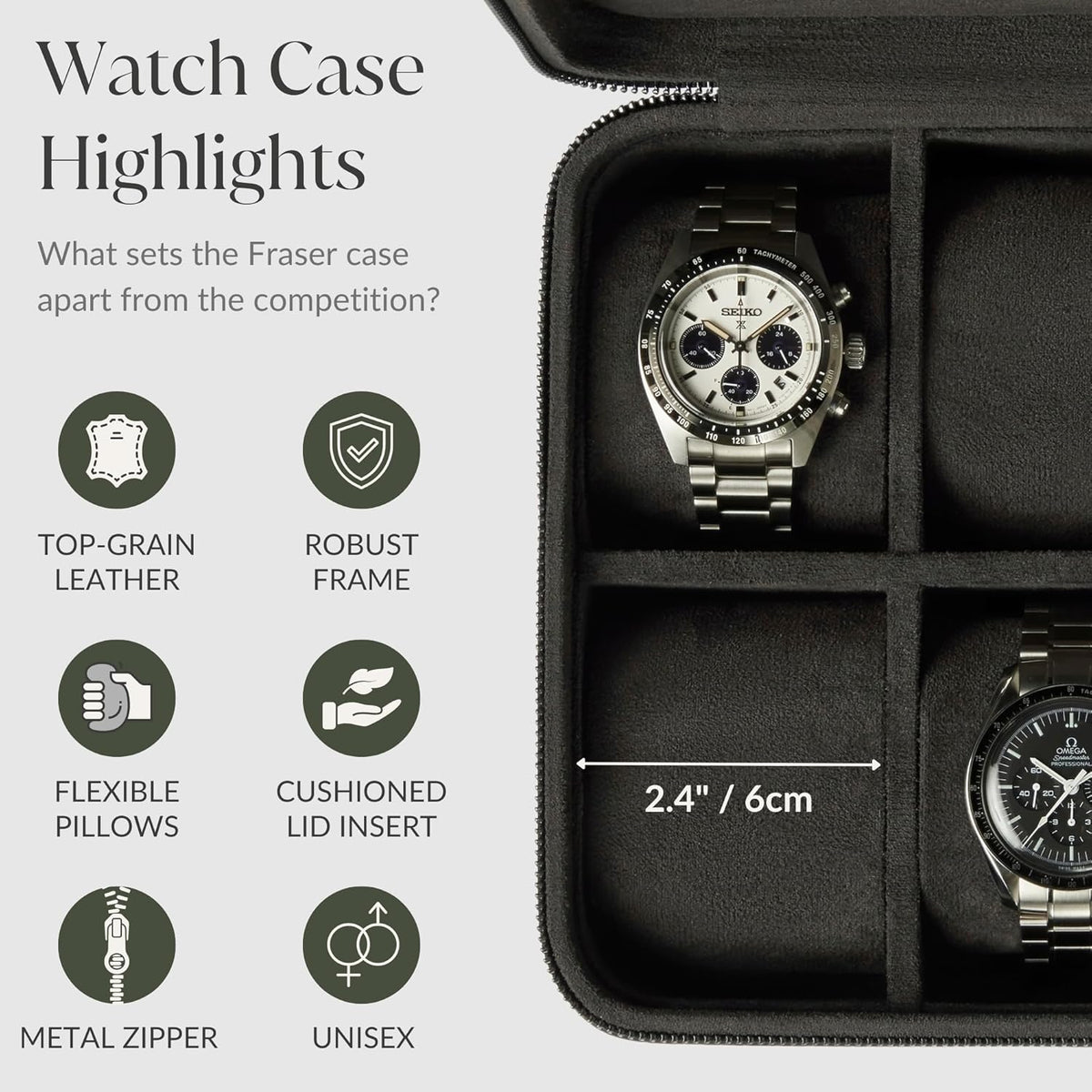TAWBURY Watch Case - 4 Slot Genuine Top-Grain Leather Watch Box for Men & Women with Extra Wide Pillows for Large Watches - Portable Wristwatch Storage for Home & Travel (Black)