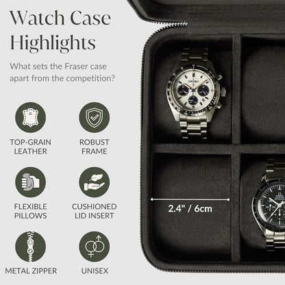 TAWBURY Watch Case - 4 Slot Genuine Top-Grain Leather Watch Box for Men & Women with Extra Wide Pillows for Large Watches - Portable Wristwatch Storage for Home & Travel (Black)
