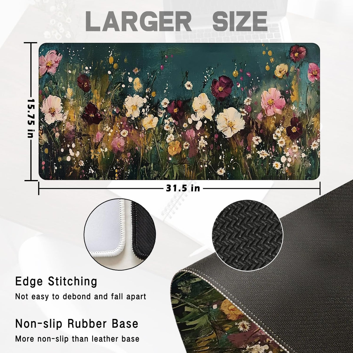 Vintage Wildflower Large Mouse Pad 31.5x15.7inch, Retro Floral Large Extended Computer Desk Mat Mousepad for Keyboard and Mouse, Floral Desk Accessories