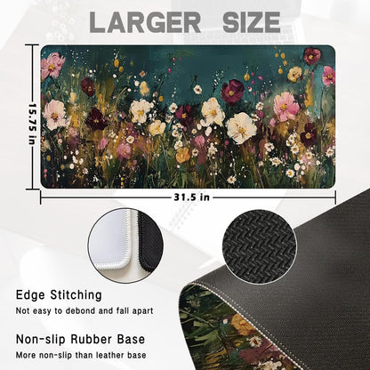 Vintage Wildflower Large Mouse Pad 31.5x15.7inch, Retro Floral Large Extended Computer Desk Mat Mousepad for Keyboard and Mouse, Floral Desk Accessories