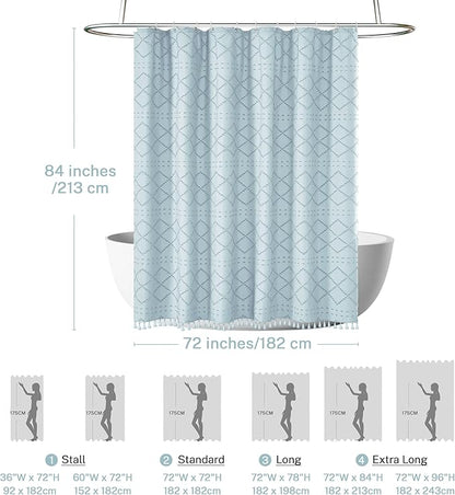 Siiluminisoy Extra Long Fog Blue Boho Shower Curtain - Woven Fabric, 72 x 84 Tufted Chevron Textured Striped Modern Farmhouse Minimalist Cloth Shower Curtain for Bathroom