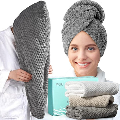 YFONG 3 Pack Large Microfiber Hair Towel Wrap, 30" x 10" Anti Frizz Quick Dry Hair Towels for Women Long, Curly, Thick Hair, Super Absorbent Hair Turban for Wet Hair (Grey, White, Camel)