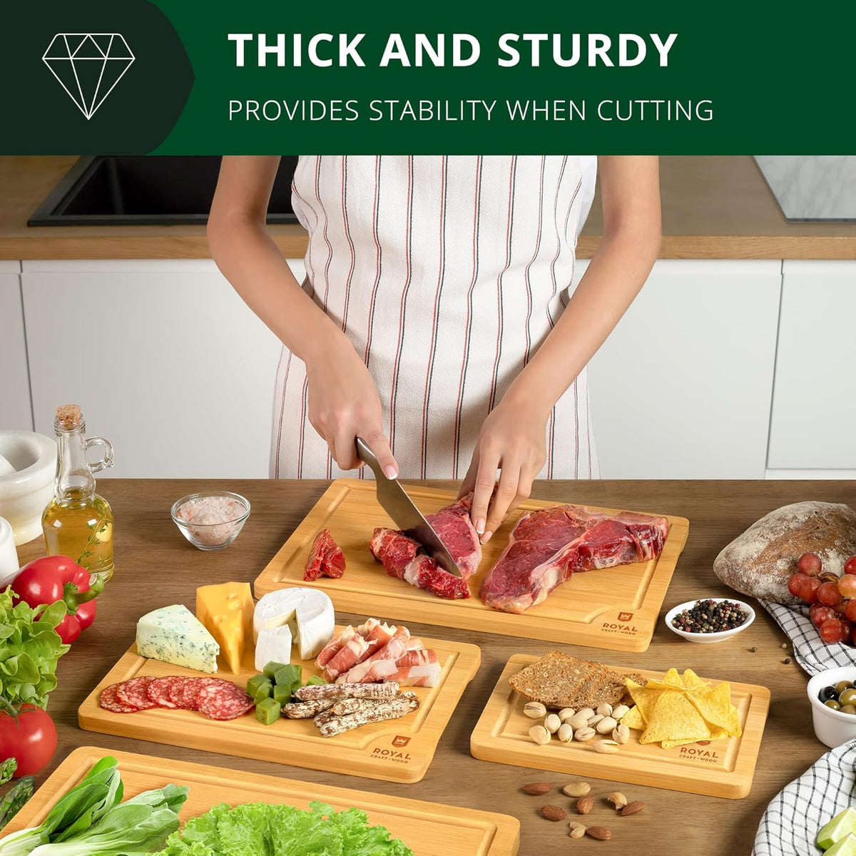 ROYAL CRAFT WOOD Wooden Cutting Boards for Kitchen Meal Prep & Cutting - Bamboo Wood Cutting Board Set with Deep Juice Groove Side Handles - Charcuterie & Chopping Butcher Block for Meat (4 Pcs)