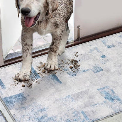 COMSLE Door Mat, Front Door Mat Indoor for Entrance Faux Wool Absorbent Non Slip Modern Throw Rug for Entryway Hallway Muddy Paws - Pet Friendly, 20x32 Inches,Square Blue Machine Washable