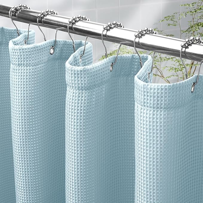 AmazerBath Fog Blue Shower Curtain Waffle Textured, Fabric Shower Curtain Misty Blue Thick Heavy Duty 240GSM Hotel Quality Bathroom Shower Curtains, Premium Polyester, 72 x 72 Inches