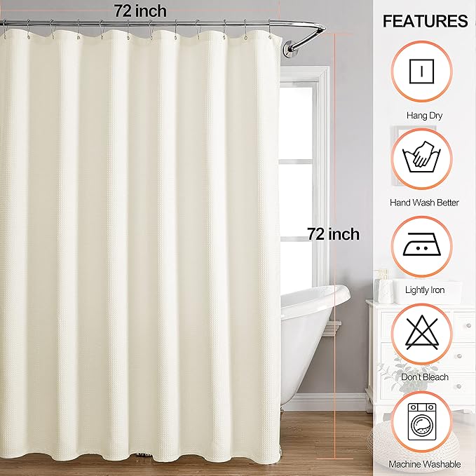 MISS SELECTEX Machine Washable Cloth Shower Curtain, Matt Waffle Durable Thick Cloth Shower Curtain for Bathroom,Premium Water Repellent Fabric Luxury Spa Hotel Shower Curtain(72Wx72H,Ecru/Beige)