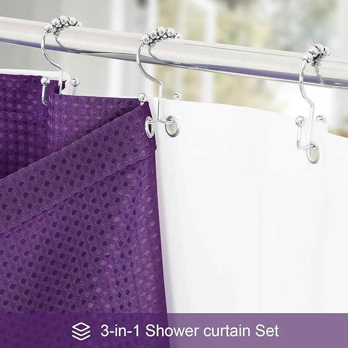 Craidlela 3 in 1 Extra Long Purple Shower Curtain Set-72 W x 84 H, Modern Waffle and PEVA Liner Set with 12 Stainless Steel Hooks, Waterproof Fabric for Bathroom