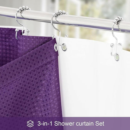 Craidlela 3 in 1 Extra Long Purple Shower Curtain Set-72 W x 84 H, Modern Waffle and PEVA Liner Set with 12 Stainless Steel Hooks, Waterproof Fabric for Bathroom