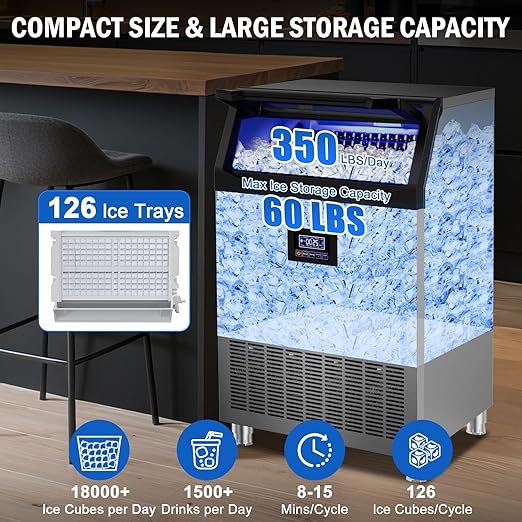 Commercial Ice Maker Machine 350 Lbs/24H, 60 Lbs Ice Bin, Undercounter Ice