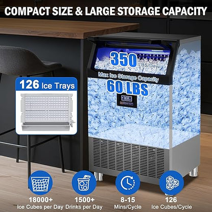 Commercial Ice Maker Machine 350 Lbs/24H, 60 Lbs Ice Bin, Undercounter Ice