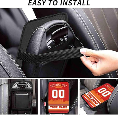 Custom Tampa Bay Car Armrest Covers Personalized Football Style with Name Number Customized Auto Center Console Pad Car Handrail Box Cushion for Most Vehicle Decor Accessories, Fans Gift