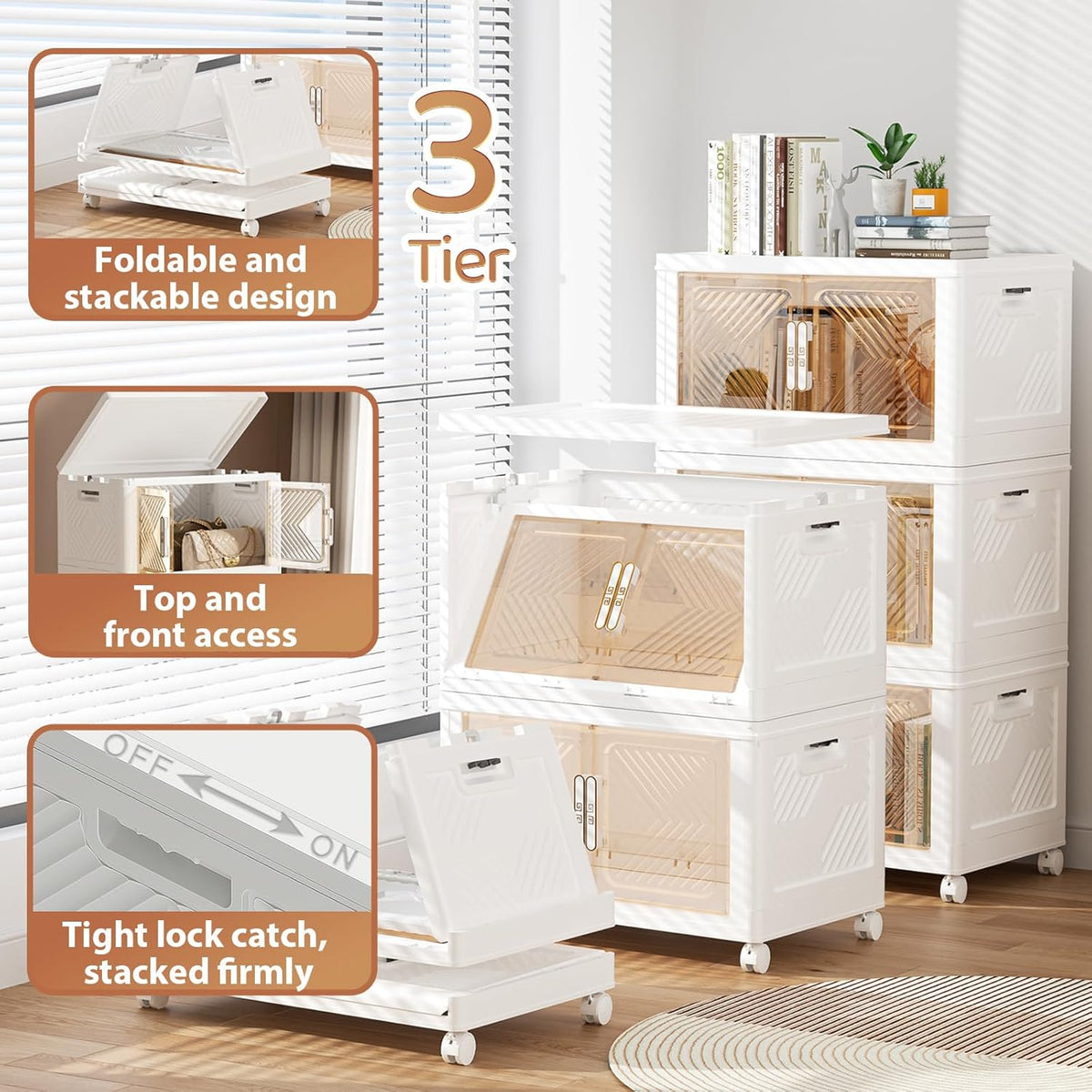 Storage Bins with Lid 76QT, Stackable Storage Containers with Wheels and Magnetic Doors, Plastic Clothes Closet Organizers and Storage Box for Home and Office (3 Pack)
